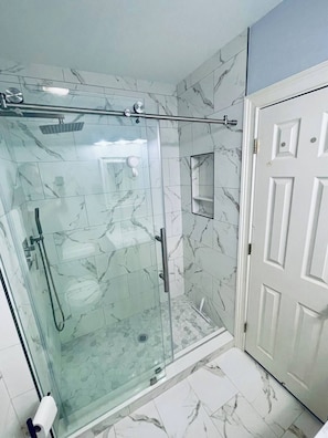 Hair dryer, towels, soap, toilet paper