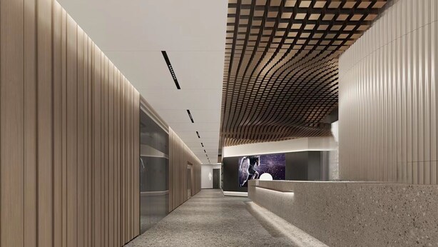 A modern hallway with wooden paneling, a curved ceiling, and a large digital display. - Yutai hotel-Style Apartment (Shenzhen)