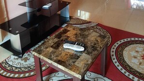 Un salon équipé d’un téléviseur à écran plat, d’une table basse avec une télécommande, d’un coin repas avec des chaises et d’une cuisine avec des placards.