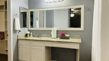 Hair dryer, towels, soap, shampoo