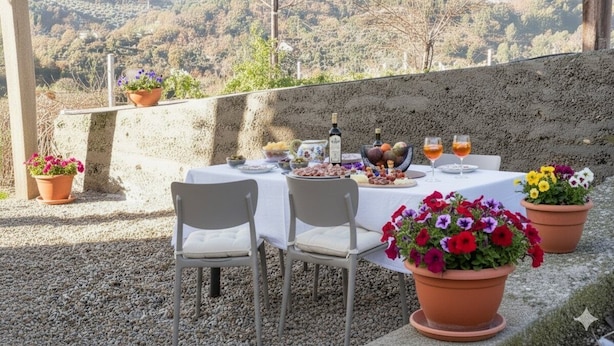 Ein Essbereich im Freien mit einem Tisch für vier Personen, umgeben von Terrakottatöpfen mit Blumen, mit Blick auf eine Berglandschaft.