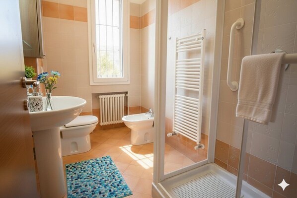 A bathroom with a shower, toilet, bidet, and a radiator.