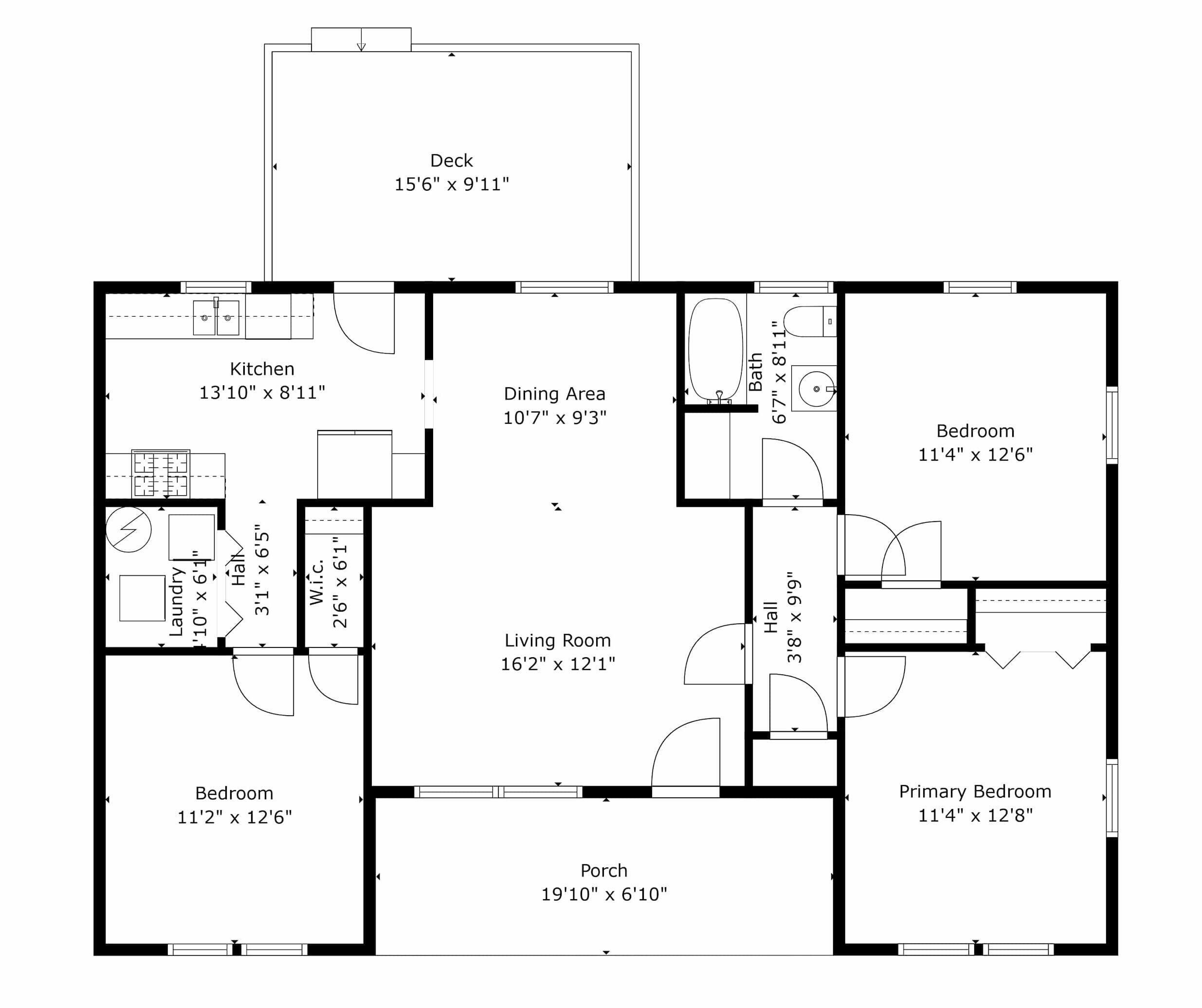 A floor plan of a house with a deck, kitchen, dining area, two bedrooms, a living room, a bathroom, a hall, a hall closet, a laundry room, and a porch.