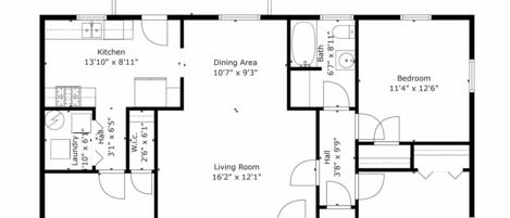 A floor plan of a house with a deck, kitchen, dining area, two bedrooms, a living room, a bathroom, a hall, a hall closet, a laundry room, and a porch.