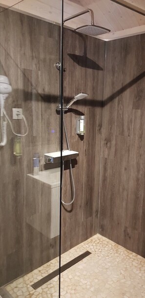 Shower, free toiletries, hair dryer, towels