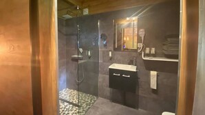 A modern bathroom with a glass shower enclosure, a sink, and a mirror. - Tiny house 'Weißenthalsmühle Eichenhäuschen' with Private Terrace (Niedenstein OT Kirchberg)