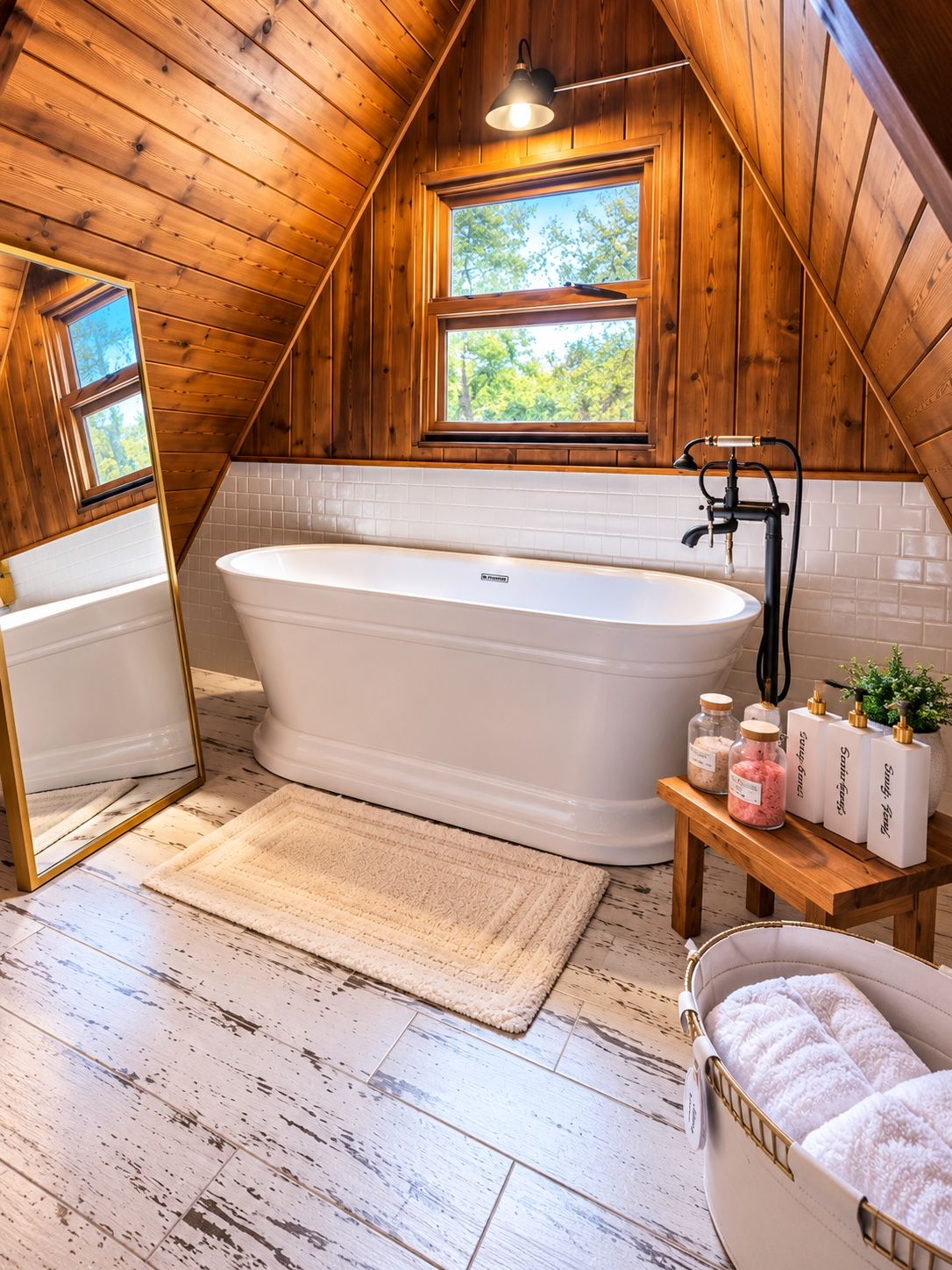 Un baño con paneles de madera, una bañera independiente, un ventanal y un pequeño estante con artículos de aseo.
