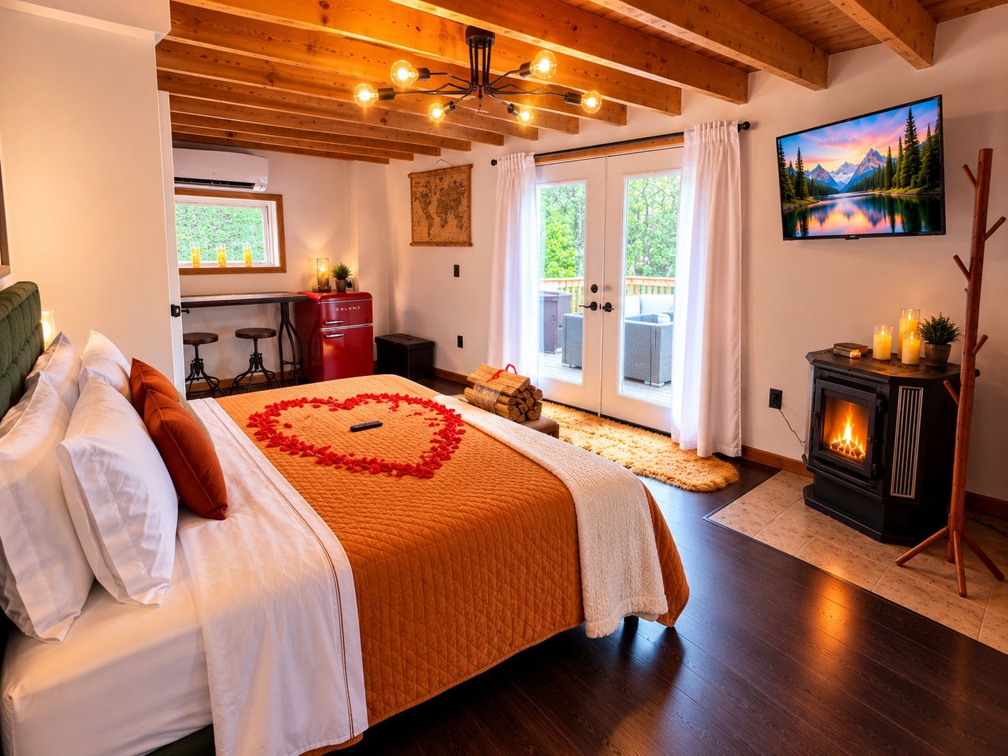 A bedroom with a bed, a fireplace, a TV, and a view of the outdoors.