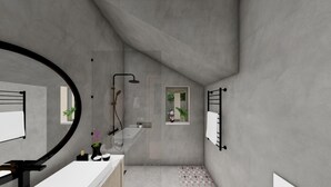 Ein modernes Badezimmer mit einem großen Spiegel, einer Dusche und einem kleinen Fenster.