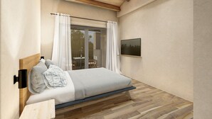Ein Schlafzimmer mit einem Bett, einem Nachttisch, einem Fernseher und einem Fenster mit Vorhängen.