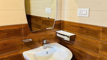 Shower, towels, soap, toilet paper