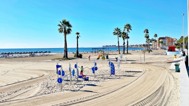 A beach with palm trees, a playground, and a clear blue sky.
