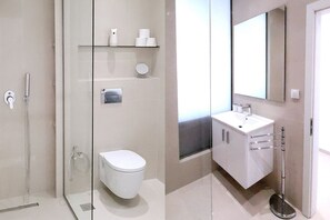 Shower, eco-friendly toiletries, hair dryer, bidet