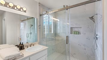 Hair dryer, towels, soap, shampoo
