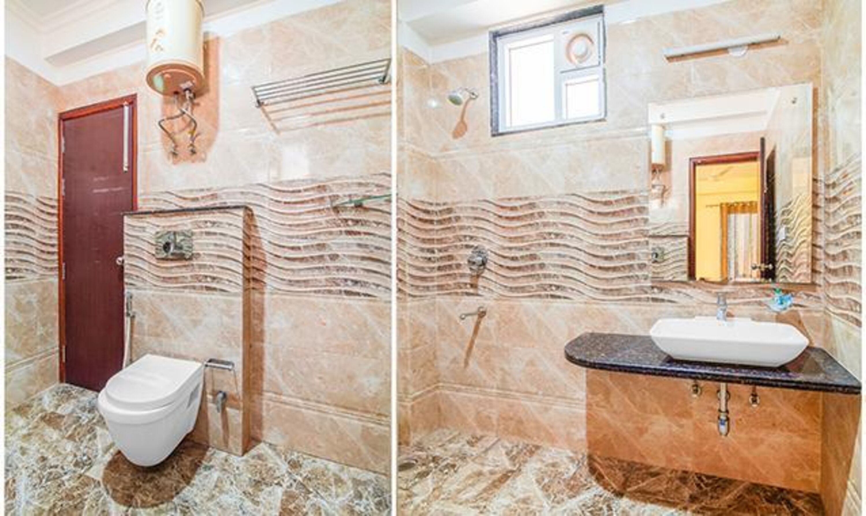 A bathroom with a marble floor, a white toilet, a sink with a marble countertop, and a wall-mounted towel rack.