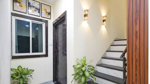 Un couloir avec une porte, deux plantes en pot, une fenêtre et un escalier doté d’une main courante en bois.