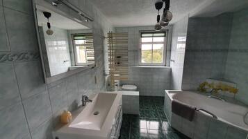 Secador de cabelo, toalhas de banho, sabonete, papel higiênico
