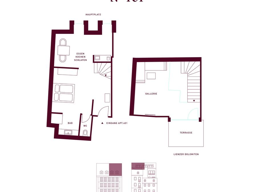 A floor plan of Apartment No.401 with a main entrance, kitchen, bathroom, bedroom, and a terrace.