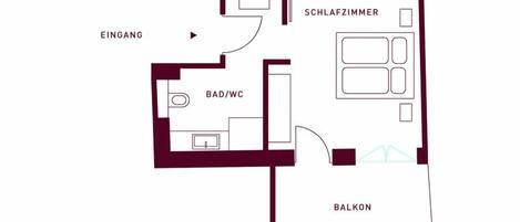 Plano de planta de un hotel que muestra habitaciones identificadas, incluyendo balcón, baño y dormitorio.