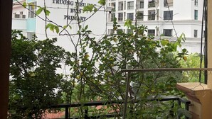 Un balcon orné de plantes en pot, d’où l’on peut admirer un immeuble à plusieurs étages portant une enseigne indiquant : « TRUONG THIEN VUONG PRYARY ».