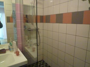 Dusche, Haartrockner, Handtücher, Seife
