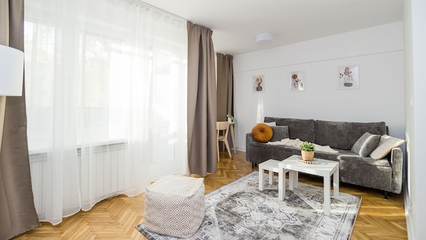 Een moderne woonkamer met een grijze bank, een witte salontafel, een tapijtend en een bijzettafeltje.