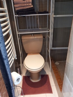 Une salle de bain comprenant des toilettes, une étagère avec des serviettes pliées, un espace douche et un rideau à motifs.