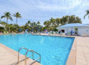 Une piscine à l’eau d’un bleu cristallin, entourée de palmiers et de chaises longues.
