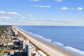 A coastal cityscape with a beachfront, high-rise buildings, and a clear sky. - Oceanfront Summit Bliss 3 BR w/ balcony (North Myrtle Beach)