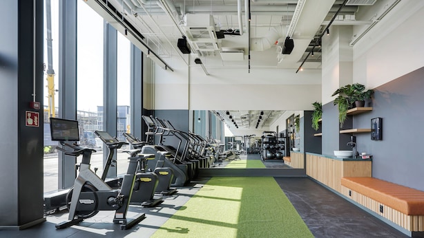 Une salle de sport équipée de matériel d’exercice, un chemin recouvert d’un gazon synthétique, et un espace d’accueil avec un banc et des plantes en pot.