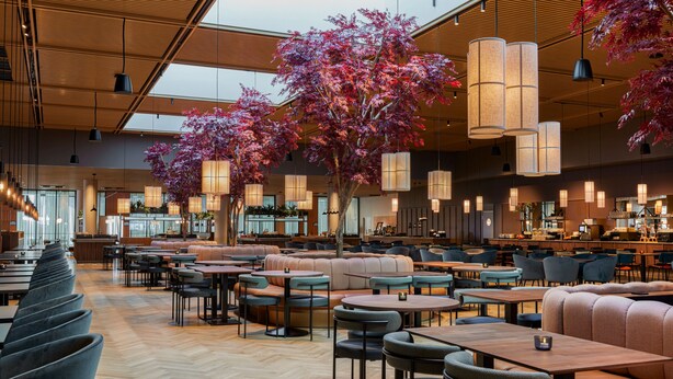 Un restaurante espacioso con techos altos, lámparas colgantes modernas y una zona central de estar con un gran árbol.