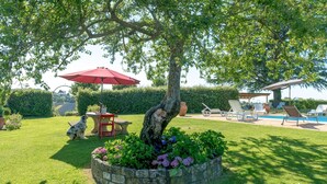 A well-maintained garden with a stone planter, outdoor seating, and a swimming pool. - Luxurious home in Bagnoregio (Bagnoregio)