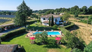A villa with a swimming pool, surrounded by lush greenery and a vineyard in the background. - Luxurious home in Bagnoregio (Bagnoregio)