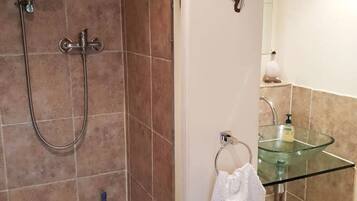 Shower, hair dryer, soap, toilet paper