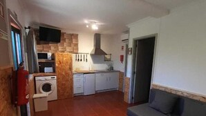 En kompakt bolig med tekøkken, sofa, bord og vaskemaskine.