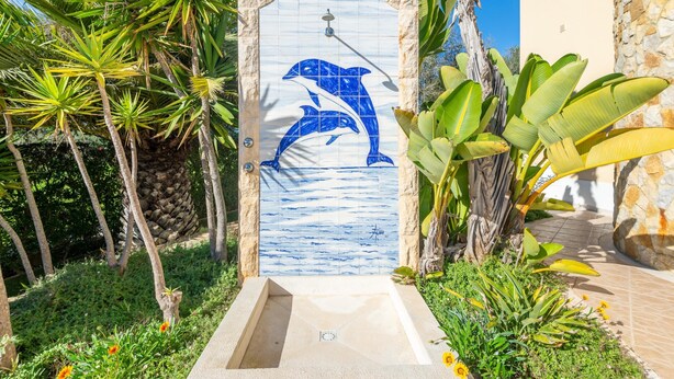 A tiled door with a dolphin mural, surrounded by tropical plants and a stone wall. - Lote 50 at Boavista Resort Lagos (Lagos)