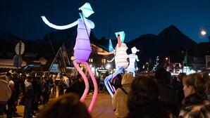 A nighttime outdoor event with illuminated figures and a crowd of people.