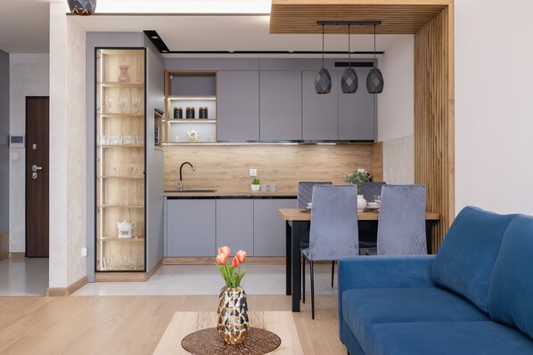 Apartment, 1 Bedroom, Balcony | Living room - Dark Blue Apartment in Kraków by Renters (Kraków)
