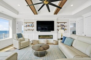 Smart TV, fireplace, books