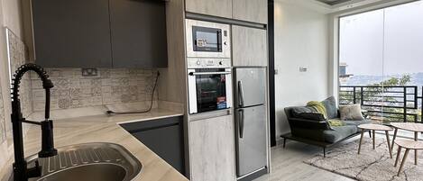 Frigorífico, microondas, horno y placa de cocina