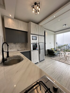 Fridge, microwave, oven, stovetop