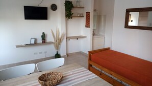 A room with a bed, a TV, a clock, a plant, a sink, and a mirror.