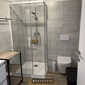 Ducha, secador de pelo, toallas y papel higiénico