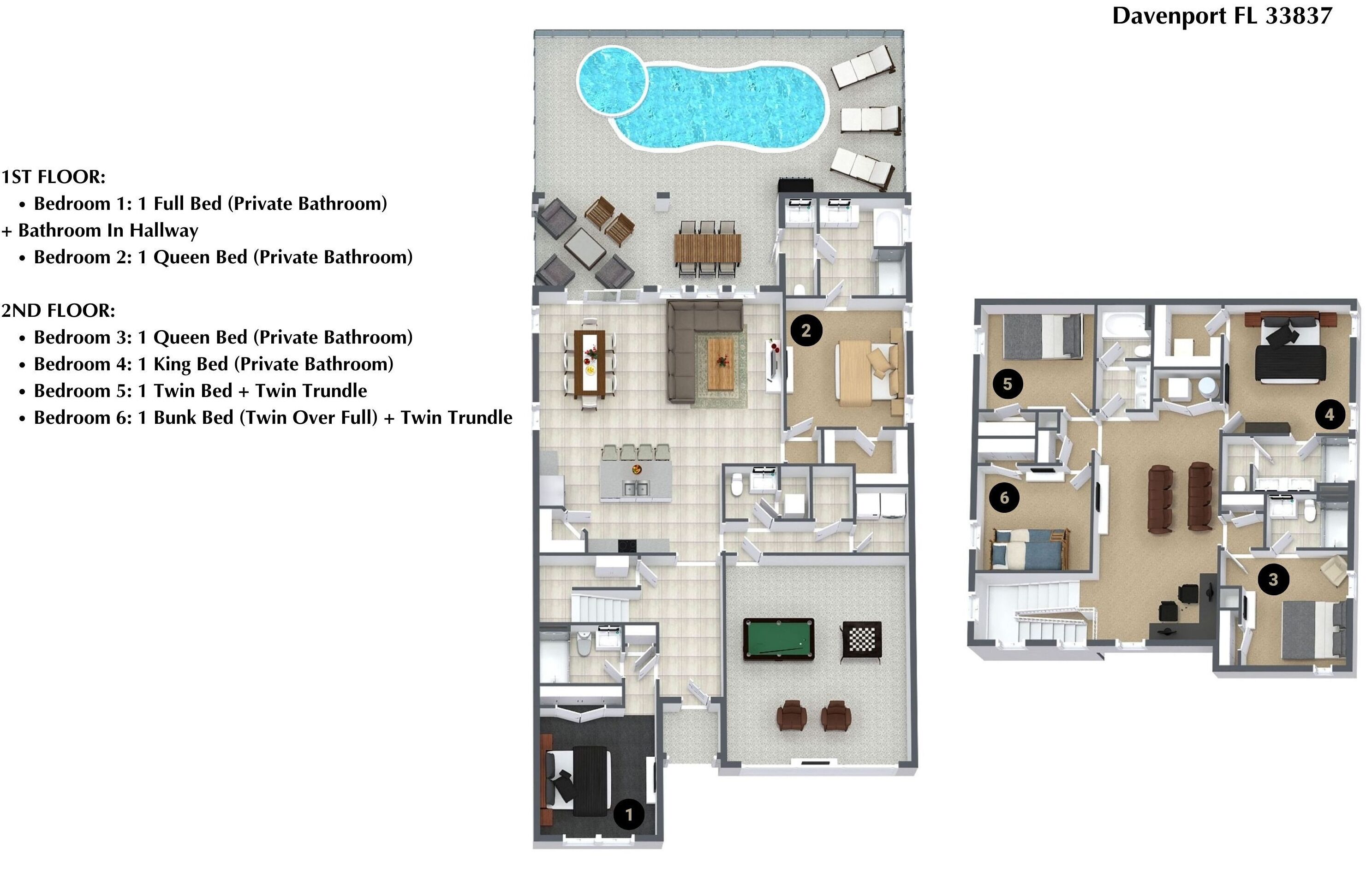 A 2nd floor layout with 1 queen bed, 1 king bed, 1 twin bed, 1 bunk bed, and 1 twin trundle.