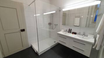 Regadera, secadora de cabello, toallas, jabón