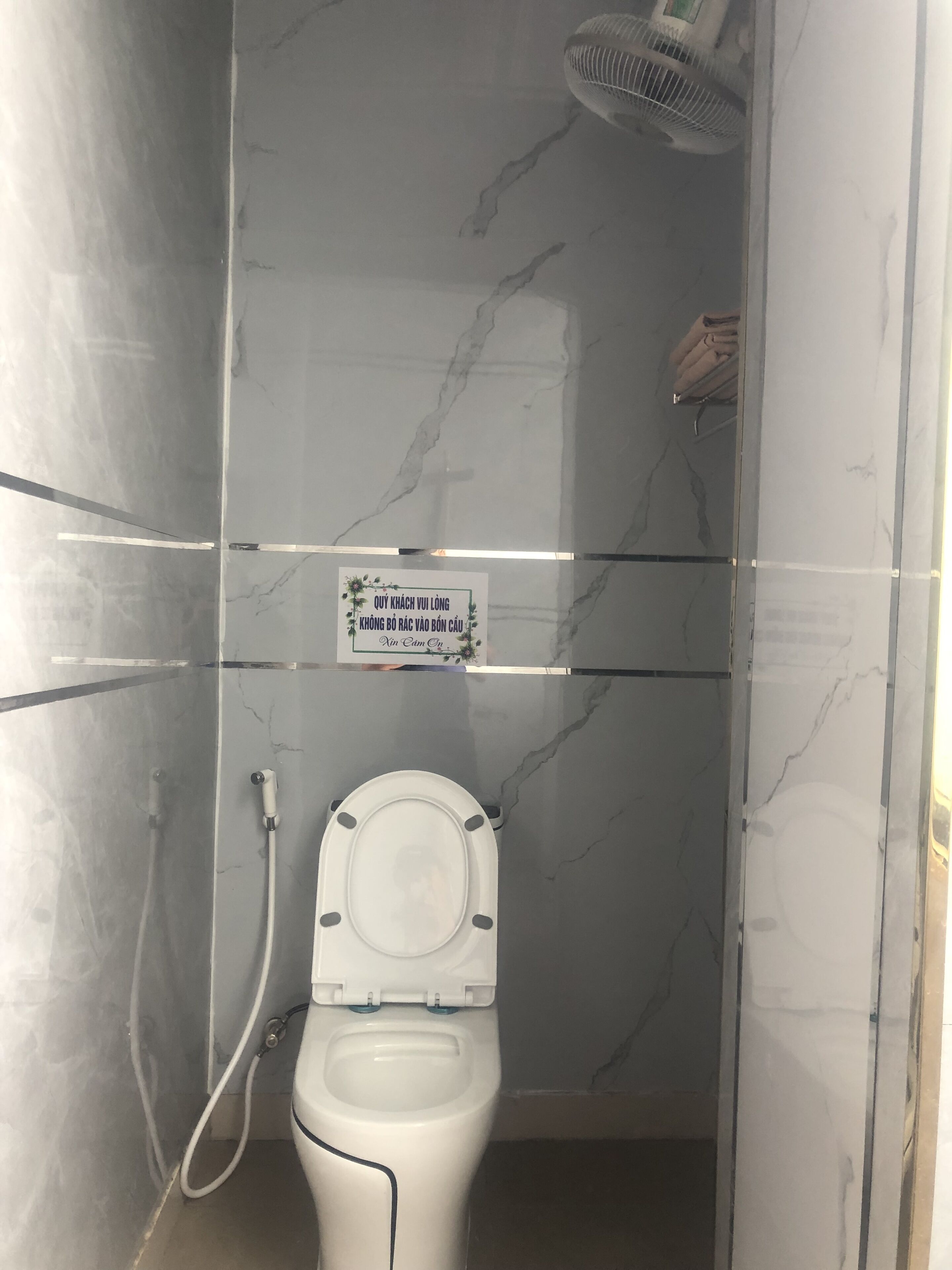 A bathroom with a toilet, a shower, and a fan.