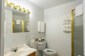 Hair dryer, towels, soap, shampoo