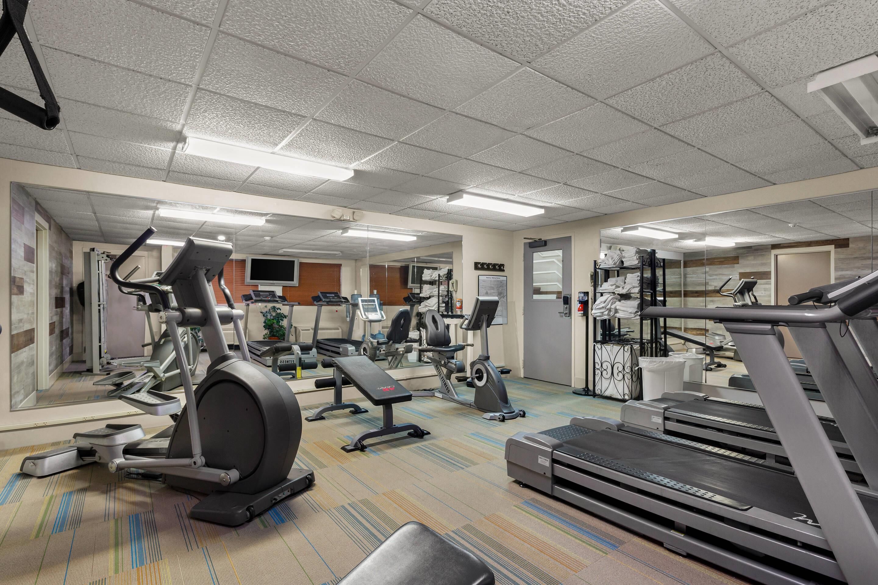 A gym with treadmills, elliptical machines, and a mirrored wall.