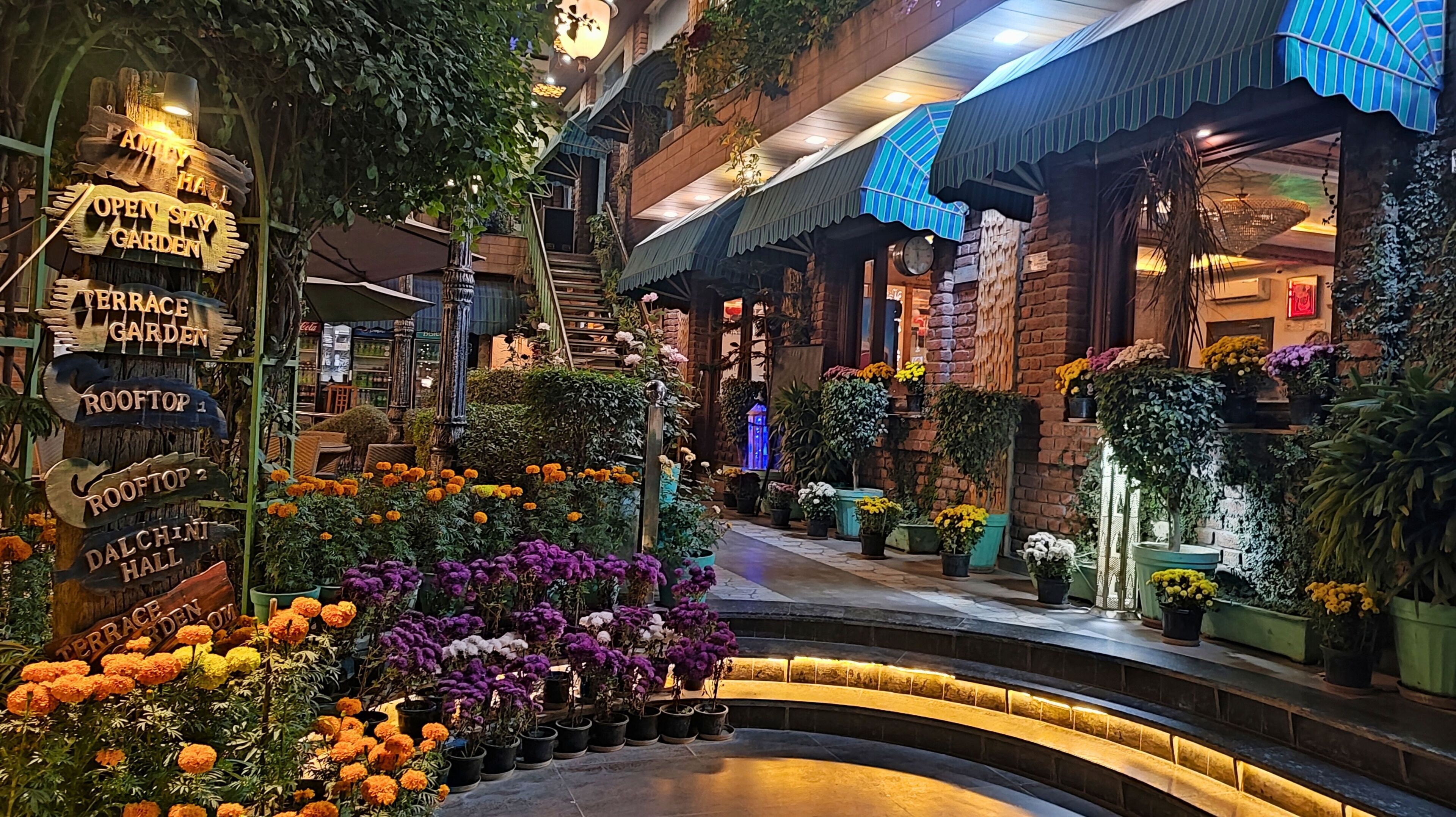 A well-lit indoor garden with various potted plants and flowers, wooden signage indicating different areas, and a stone pathway leading through the space.