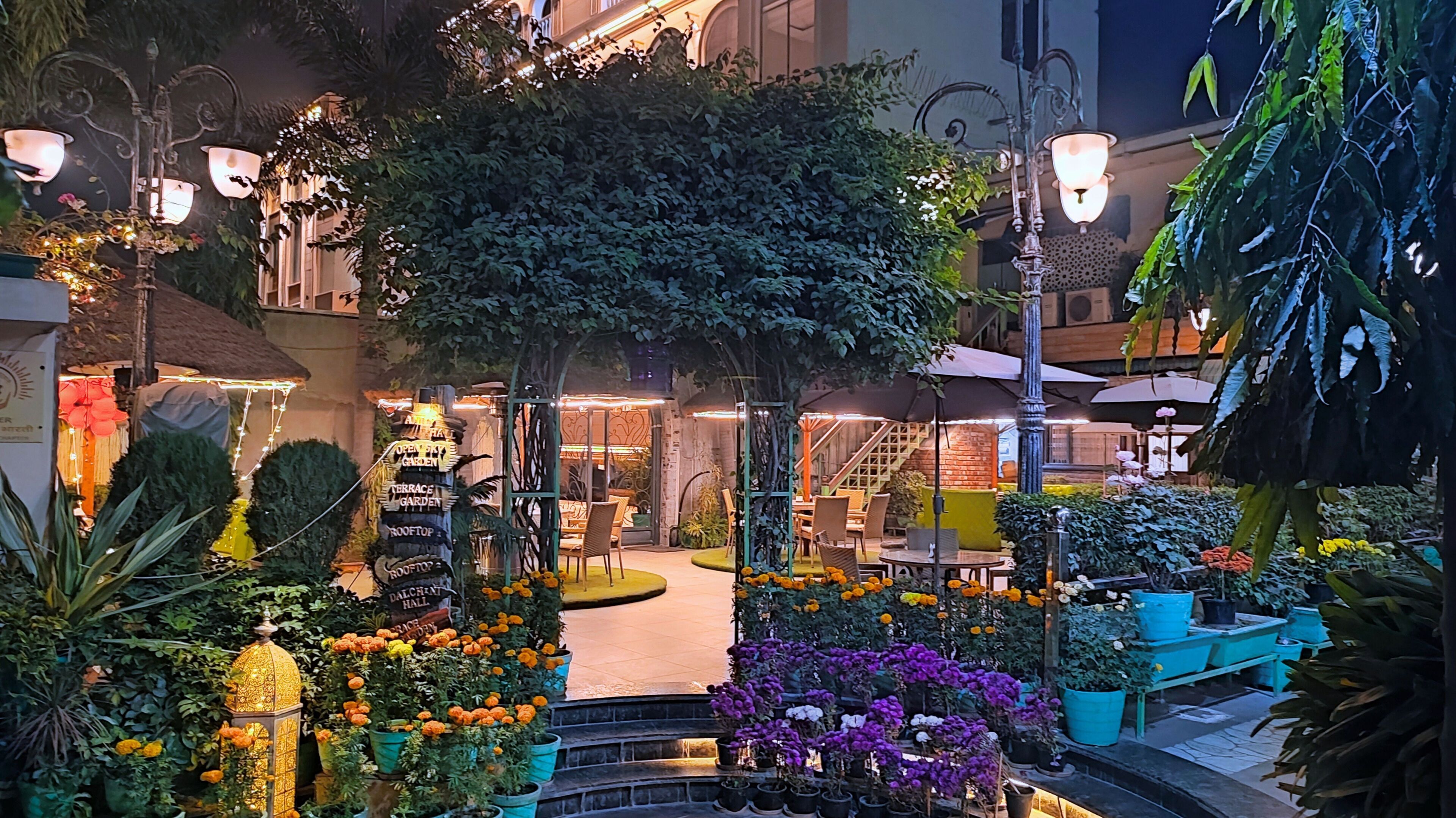 An outdoor garden area with potted plants and a staircase leading to a building entrance.